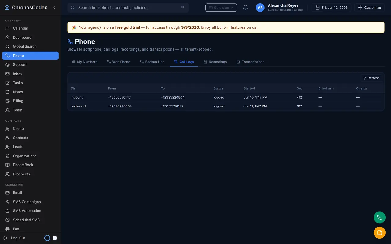 Sample call logs with direction, duration, and outcome in the ChronosCodex demo