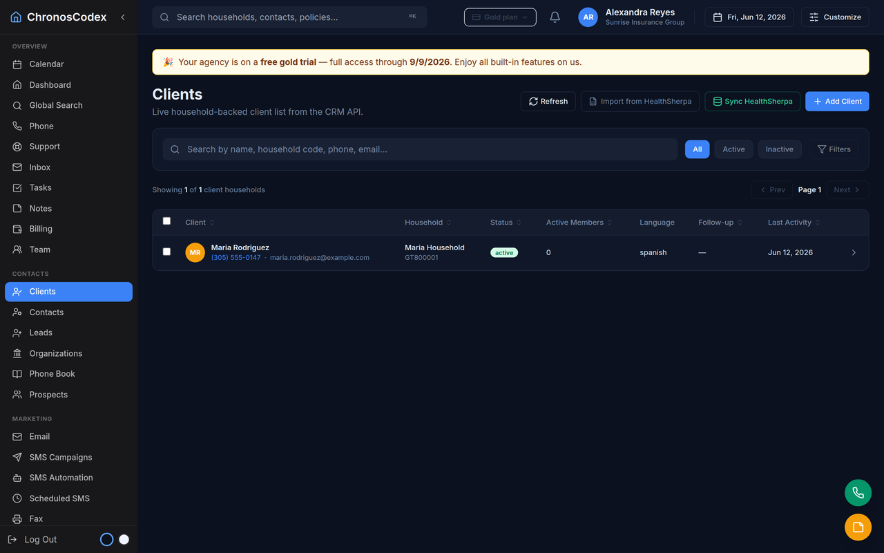 A searchable CRM client list with sample data (shown: ChronosCodex, sample data)